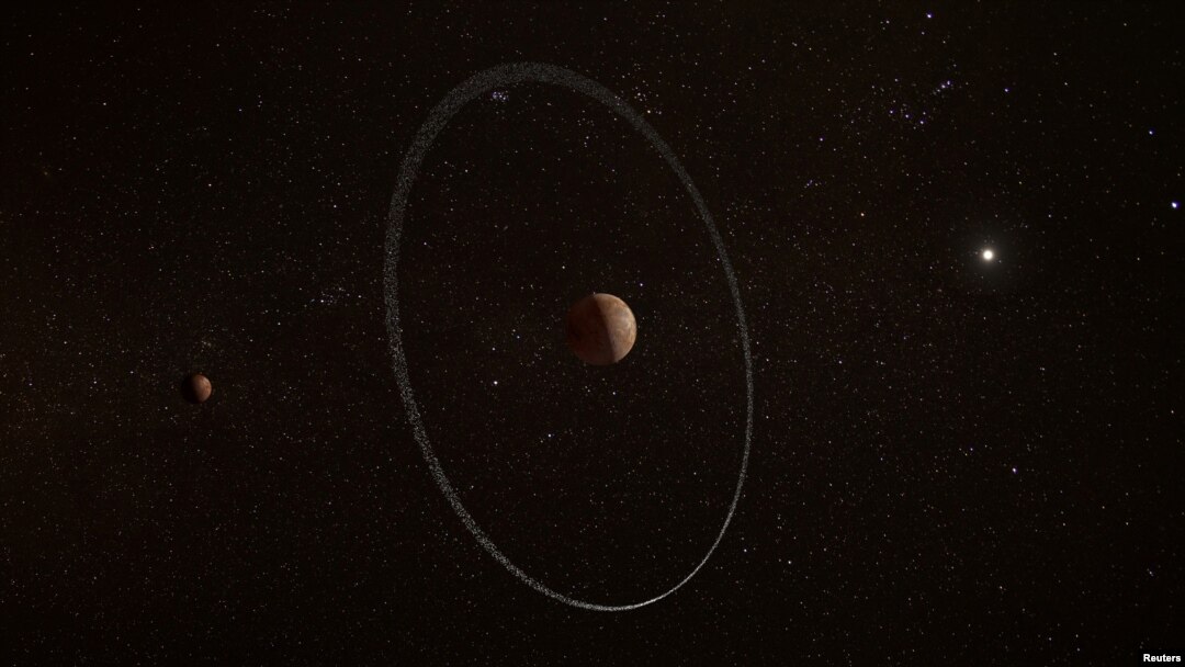 An illustration showing the frigid distant world Quaoar, orbiting in our solar system beyond Pluto, surrounded by its newly discovered ring, along with its moon Weywot. (ESA, CC BY-SA 3.0 IGO/Handout via REUTERS)