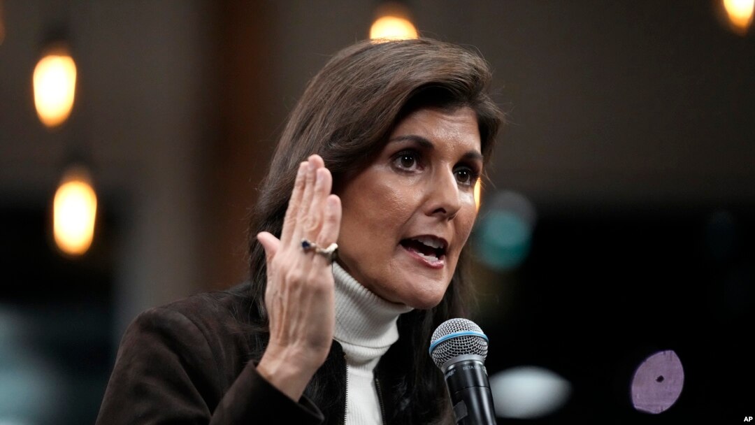 FILE - U.S. presidential candidate Nikki Haley speaks at a campaign event on Dec.12, 2023, in Manchester, New Hampshire. At another New Hampshire town hall, in Berlin on Dec. 27, Haley answered a question about the cause of the U.S. Civil War without mentioning slavery.