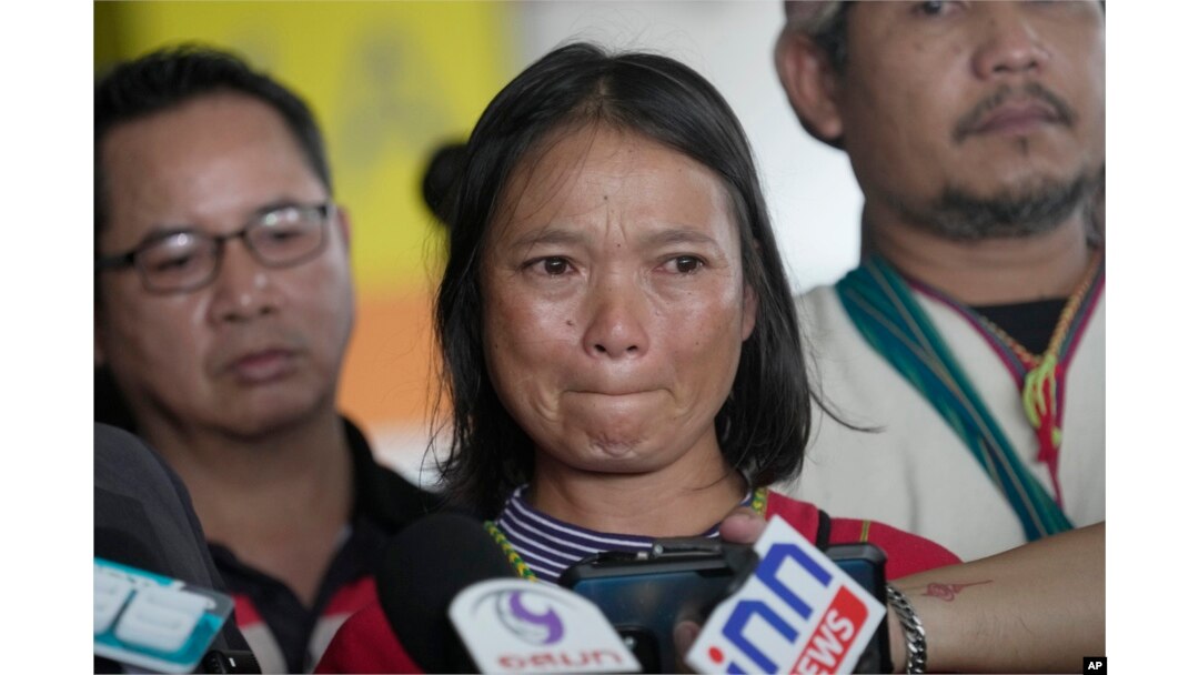 Pinnapa Prueksapan, wife of Porlajee "Billy" Rakchongcharoen, talks to reporters at the Central Criminal Court of Corruption and Misconduct in Bangkok to hear verdict, Sept. 28, 2023.