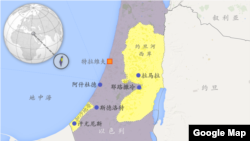 以色列、加沙地带、约旦河西岸诸城市地理位置示意图： 拉马拉、斯德洛特、特拉维夫、耶路撒冷、汗尤尼斯和阿什杜德