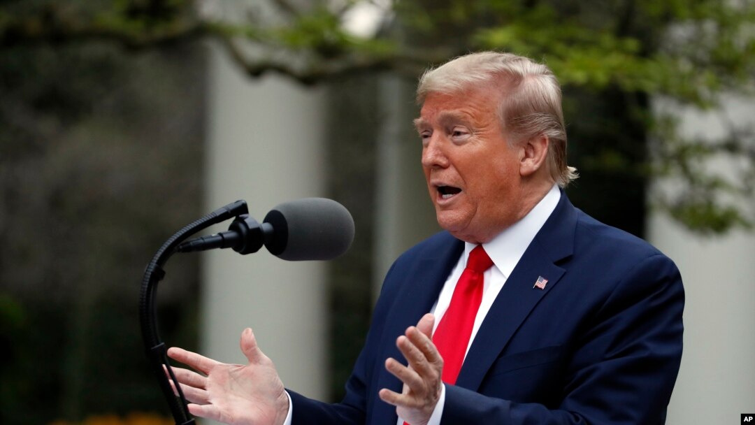 President Donald Trump speaks about the coronavirus in the Rose Garden of the White House, in Washington, April 14, 2020.