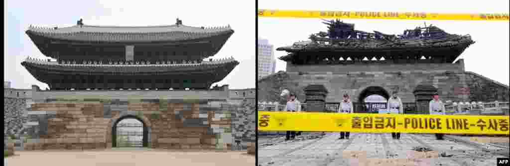 右:2008年2月11日,韩国警察守卫在首尔中部毁于大火的南大门前。左:刚刚重建好的首尔南大门让媒体先睹为快。