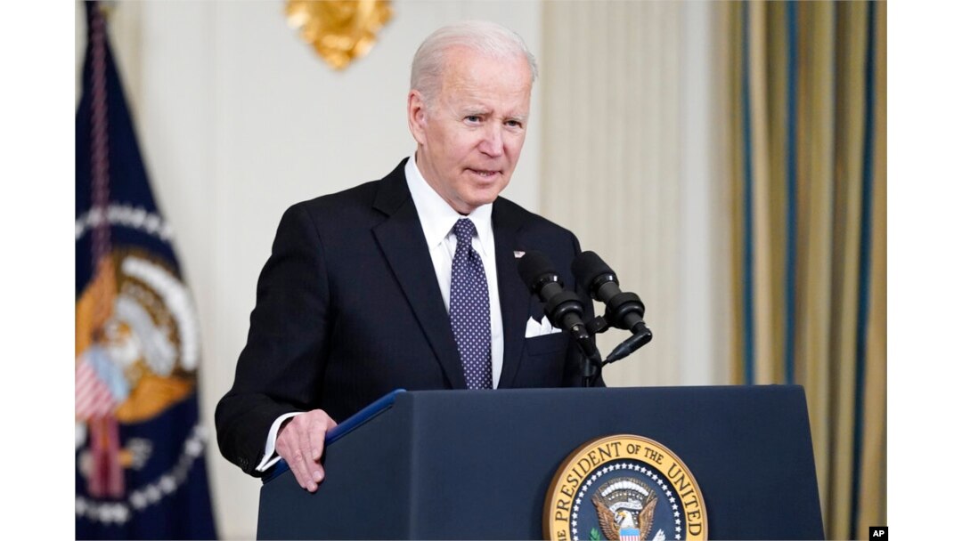 President Joe Biden speaks about Russian President Vladimir Putin and Russia's invasion of Ukraine, in the State Dining Room of the White House in Washington, March 28, 2022.