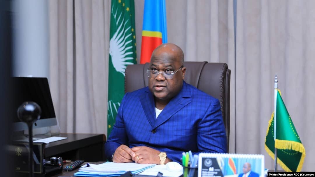Président Félix Tshisekedi azali kokamba likita lya bakonzi ba bikolo bya Unioin africaine na visioconférence, Kinshasa, RDC, 3 mars 2021. (Twitter/Présidence RDC)