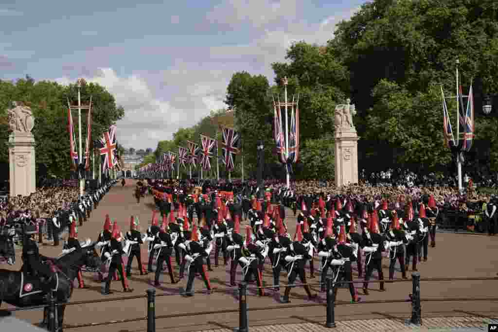 The coffin of Queen Elizabeth II leaves Buckingham Palace for Westminster Hall in London, Sept. 14, 2022.