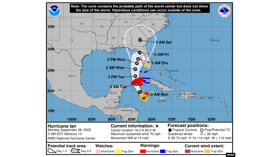 A map issued by the US National Hurricane Center on Sept. 26, 2022, showing the projected path of Hurricane Ian.