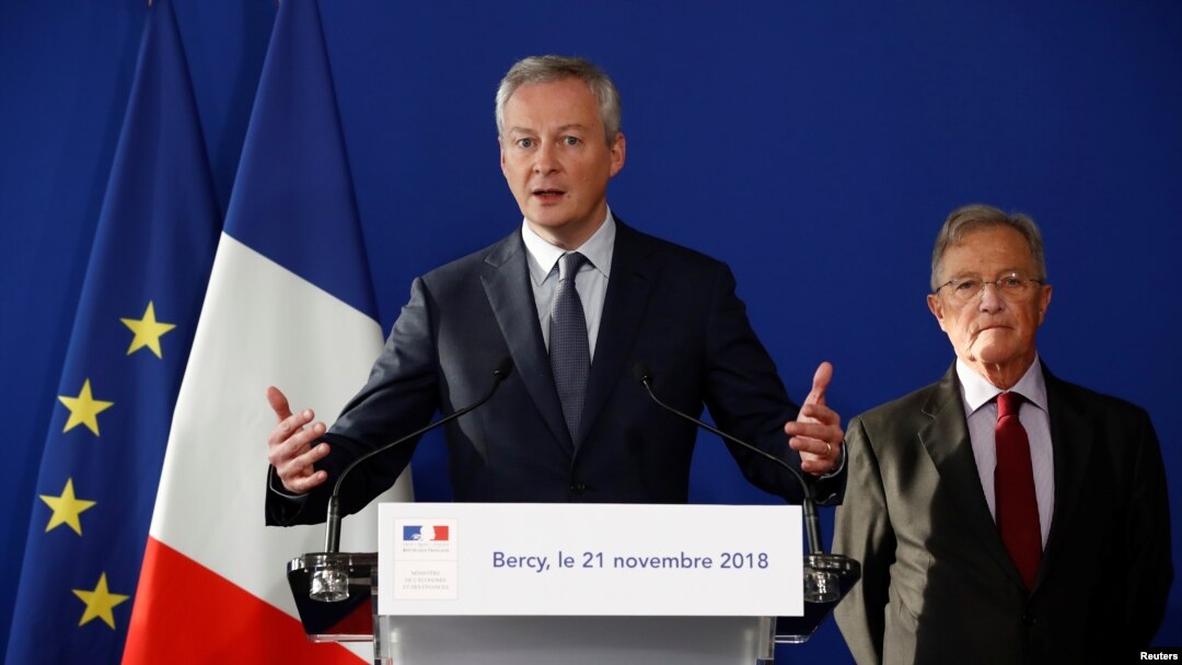 French Finance Minister Bruno Le Maire speaks during a news conference at the Bercy Finance Ministry in Paris, Nov. 21, 2018.