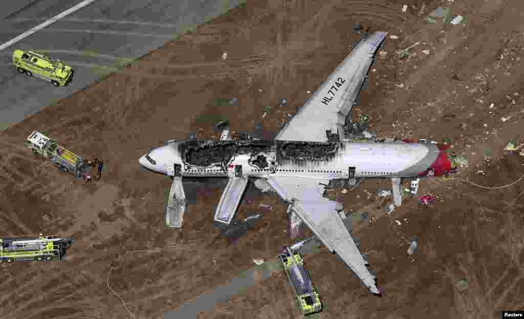 An Asiana Airlines Boeing 777 is seen after it crashed while landing at San Francisco International Airport on July 6, 2013. 
