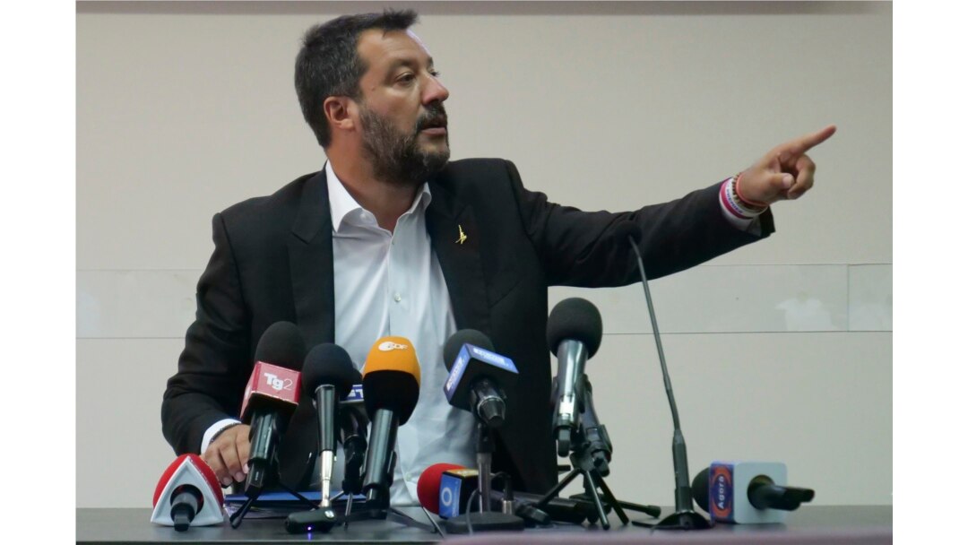 FILE - Italian Deputy Prime Minister and Interior Minister Matteo Salvini meets journalists at the end of a security conference in Castel Volturno, southern Italy, Aug. 15, 2019.