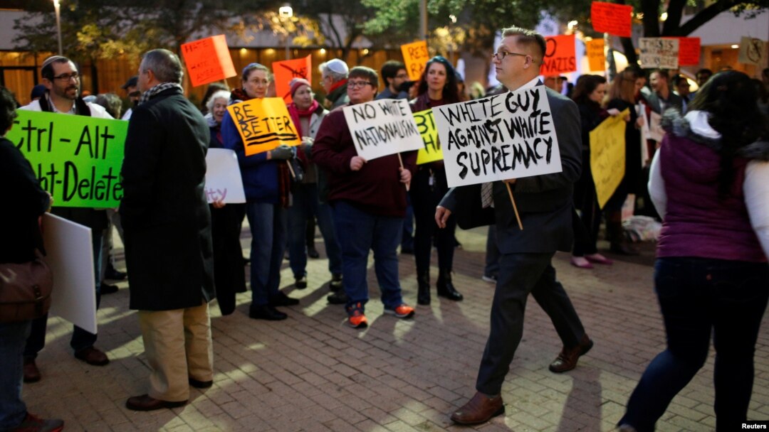 FILE - Protesters rally against white nationalist leader Richard Spencer of the National Policy Institute, who spoke at an event not sanctioned by the school, at Texas A&M University in College Station, Texas, Dec. 6, 2016.