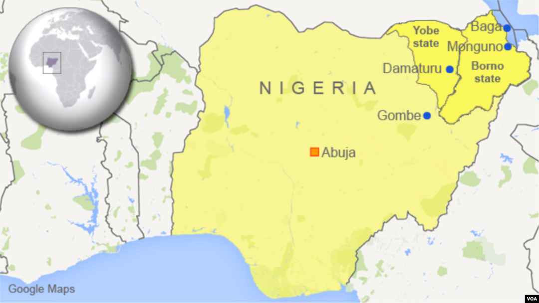 Map of Nigeria showing Monguno, Baga, Damaturu and Gombe