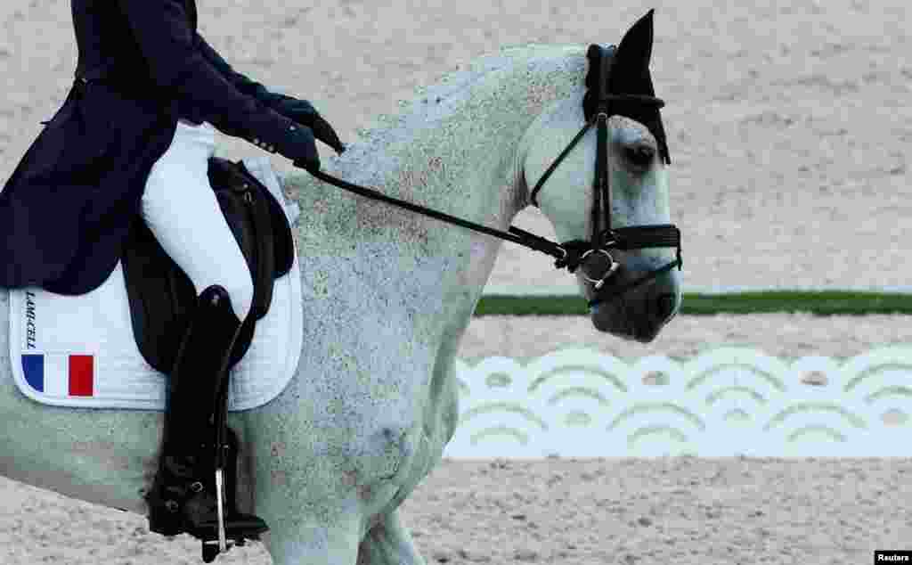 France's Christopher Six, riding Totem de Brecey, competes during the equestrian eventing dressage competition at Equestrian Park during the 2020 Summer Olympics, in Tokyo, Japan.