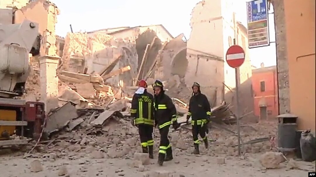 This handout TV grab released by Italian broadcast Sky Tg24 shows the destroyed basilica of Norcia after an 6.6 magnitude earthquake in the town, Oct. 30, 2016.