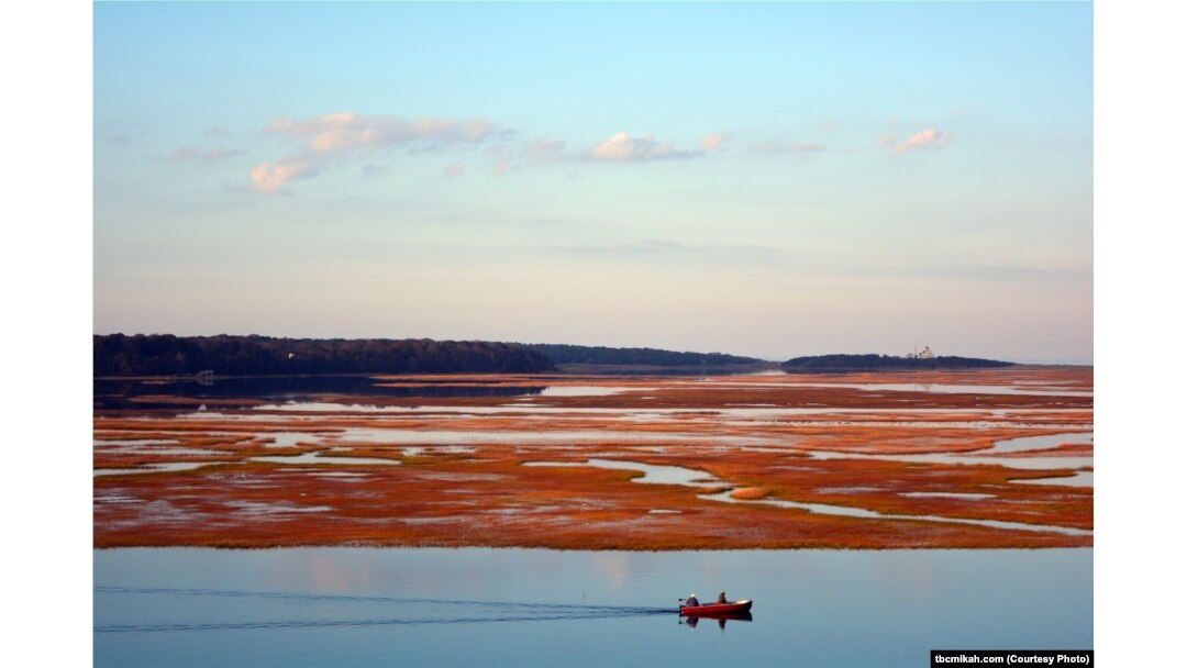 Boatmen glide past a vibrant marsh on a bay near Salt Pond Visitor Center at the Cape Cod National Seashore in Massachusetts.