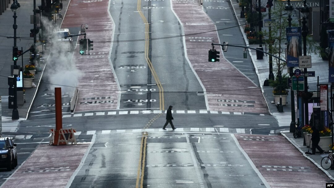 A deserted 42nd Street is seen in midtown New York during the coronavirus epidemic. Governor Andrew Cuomo extended New York's shutdown until May 15. 