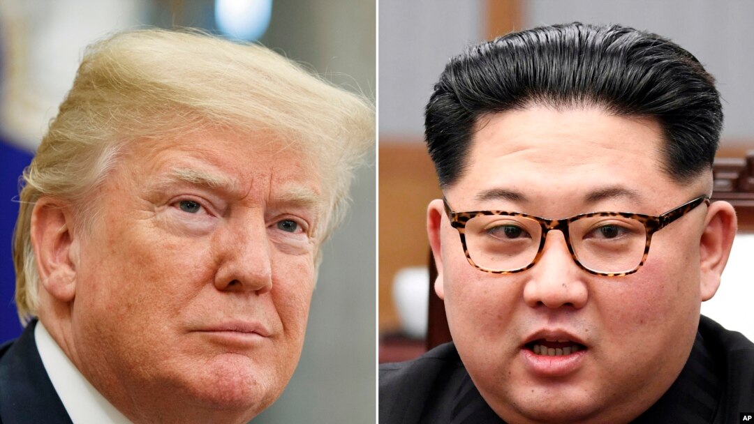 FILE- In this combination of file photos, U.S. President Donald Trump, left, in the Oval Office of the White House in Washington on May 16, 2018, and North Korean leader Kim Jong Un in a meeting with South Korean leader Moon Jae-in in Panmunjom, South Ko