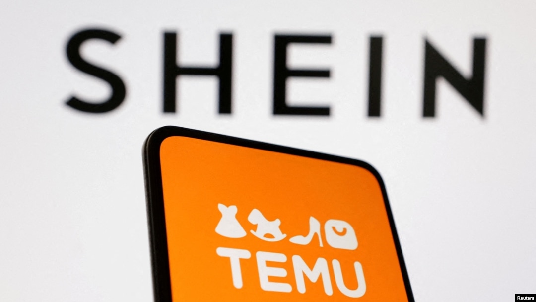 FILE - This illustration shows the Shein and Temu logos.