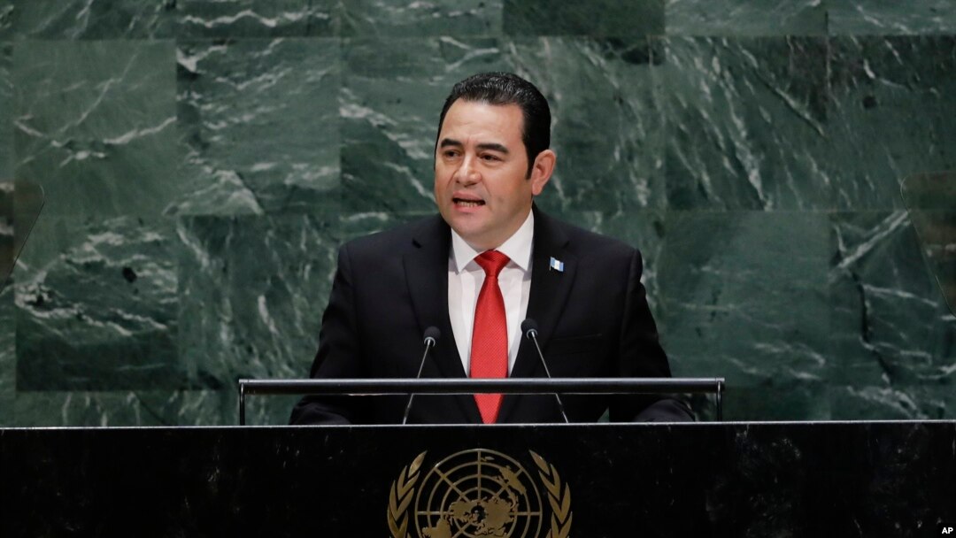 FILE - Then-Guatemalan President Jimmy Morales speaks at the United Nations, Sept. 25, 2019, in New York. Guatemalan journalists interviewed by the Committee to Protect Journalists said conditions deteriorated for them during Morales' time in office.