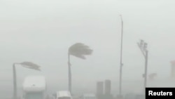 Category 1-strength winds bend palm trees as Hurricane Dorian slams into St. Thomas, U.S. Virgin Islands, Aug. 28, 2019, in this still image taken from social media video.