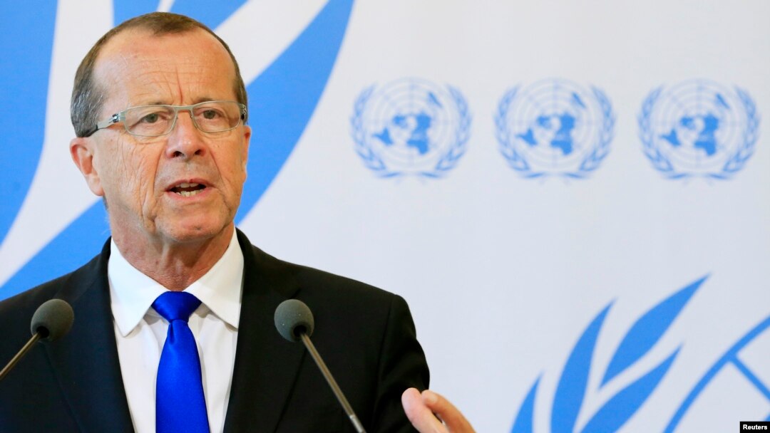 Martin Kobler, head of the U.N. Support Mission in Libya, talks to reporters after his address to the 33rd Human Rights Council at the United Nations in Geneva, Sept. 27, 2016.