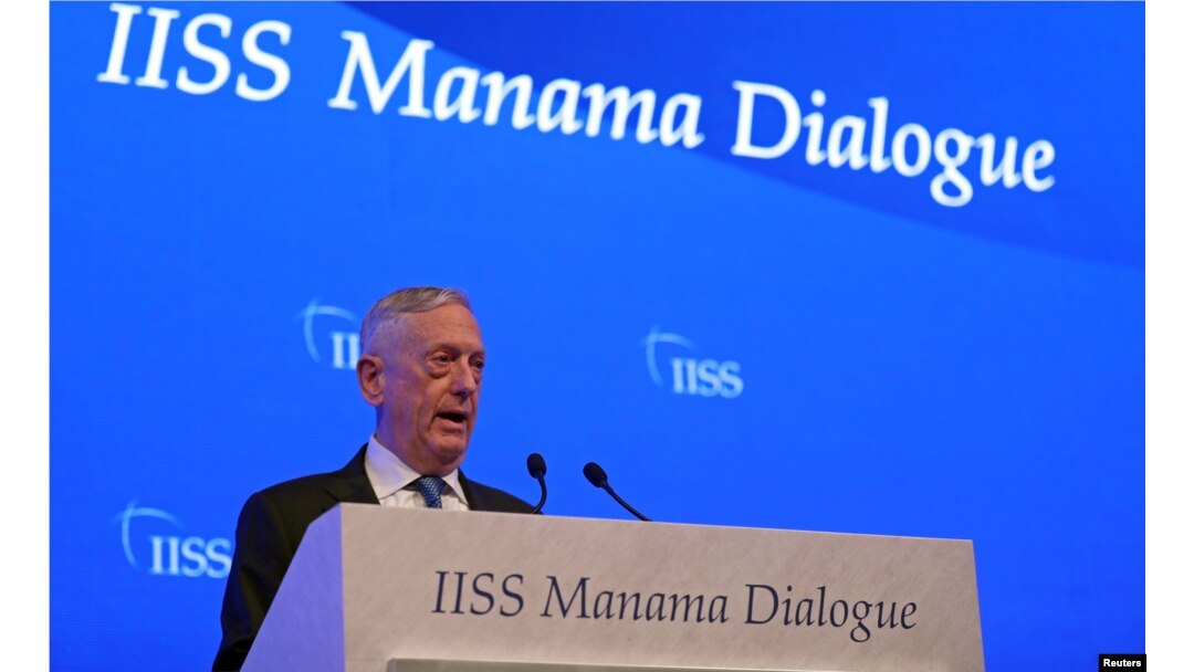 U.S. Defense Secretary James Mattis speaks during the second day of the 14th Manama dialogue, Security Summit in Manama, Bahrain, Oct. 27, 2018.