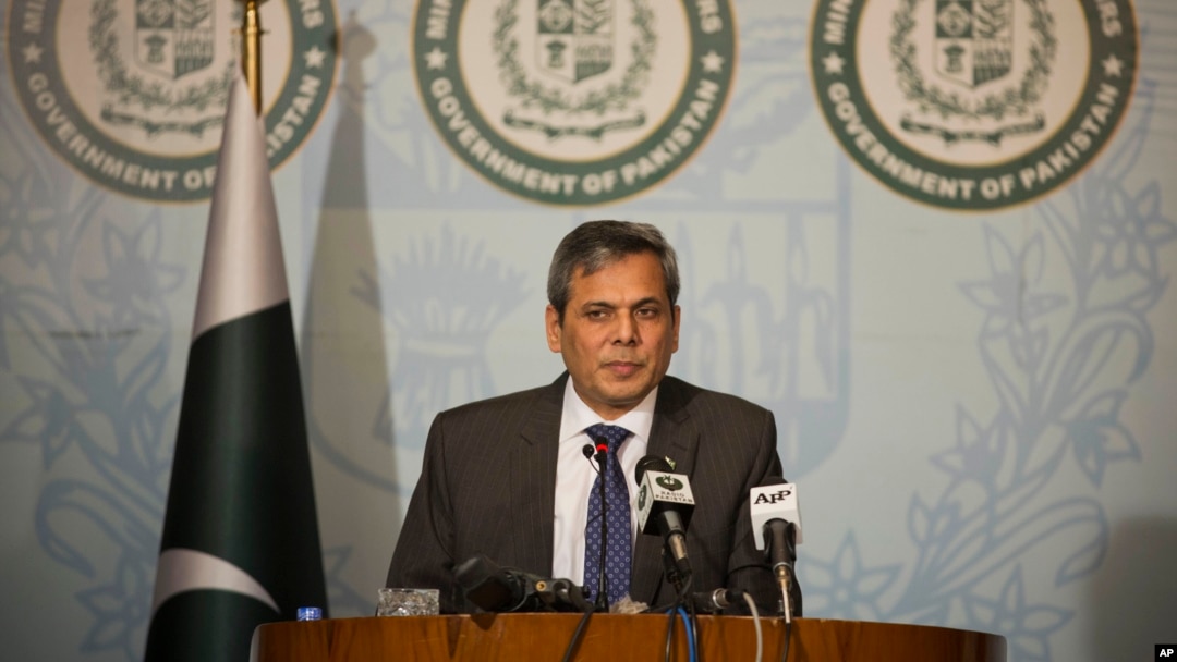FILE - Pakistan's foreign ministry spokesman Nafees Zakaria briefs the media at the Foreign Office in Islamabad, Pakistan, Sept. 29, 2016. Zakaria alleged Thursday that India has a stockpile of fissile material for the production of nuclear weapons outside IAEA safeguards.