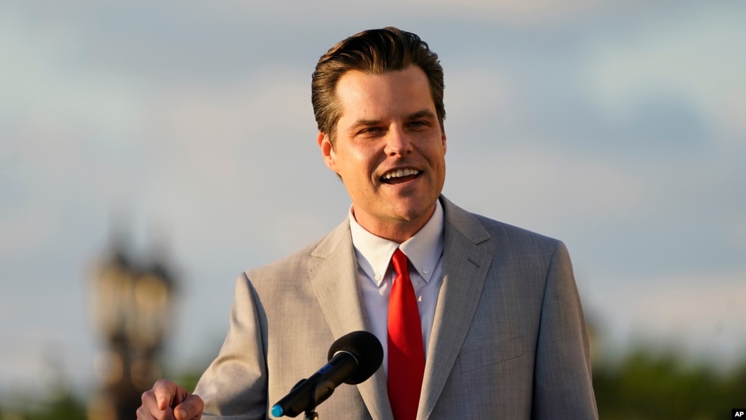 Congressman Matt Gaetz, R-Fla., speaks at a Women for American First event April 9, 2021, in Doral, Fla. 
