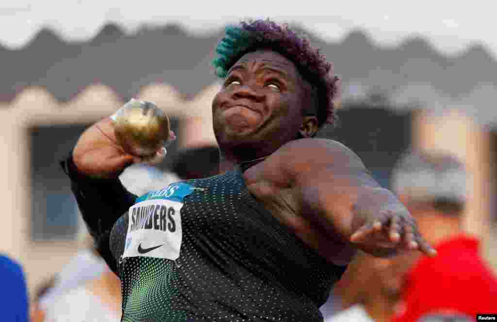 Raven Saunders of the U.S. compets during women's shot put at the Morocco Diamond League athletics competition in Hercule Port, Monaco.