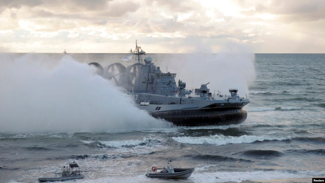 FILE - A military vessel is seen during the joint war games Zapad-2013 (West-2013), at the Khmelevka range on Russia's Baltic Sea in the Kaliningrad Region, Sept. 26, 2013. The Zapad 2017 exercises are set for September.