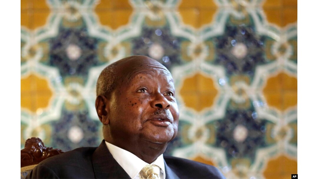 FILE - Ugandan President Yoweri Museveni speaks to reporters at the Akasaka Palace state guesthouse in Tokyo, Sept. 12, 2015.