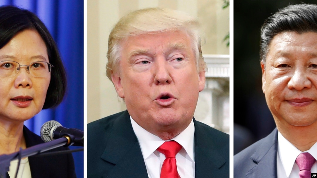 Combination of three 2016 file photos showing Taiwan's President Tsai Ing-wen, left, U.S. President-elect Donald Trump, center, and China's President Xi Jinping. 