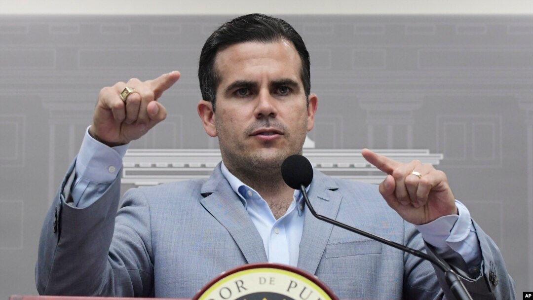 FILE - Puerto Rico Gov. Ricardo Rossello speaks during a press conference in San Juan, Puerto Rico, Aug. 28, 2018. 