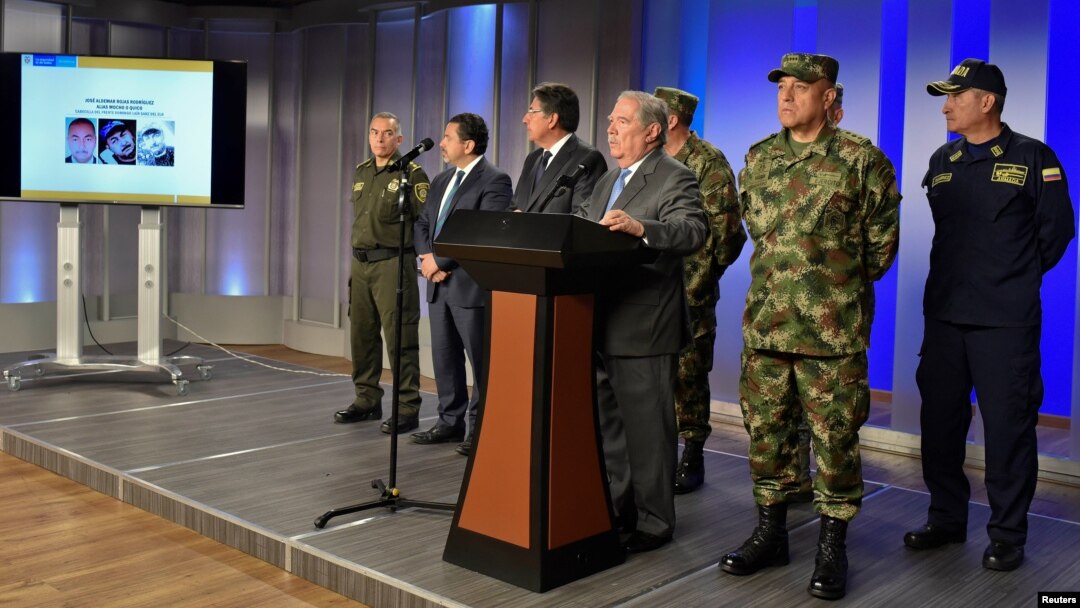 Colombian defense minister Guillermo Botero speaks during a news conference giving details of the investigation into the car bomb attack, in Bogota, Colombia, Jan. 18, 2019, in this hnadout photo, courtesy of Colombian Presidency.