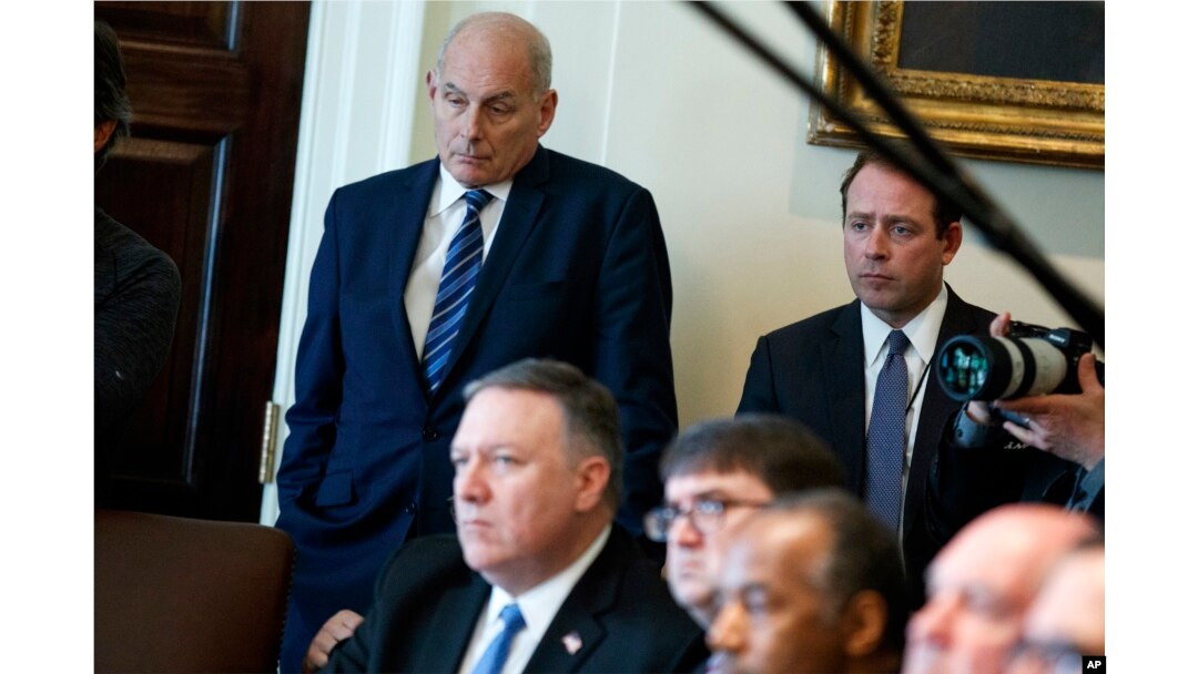 White House Chief of Staff John Kelly listens as President Donald Trump speaks during a cabinet meeting at the White House in Washington, April 9, 2018.