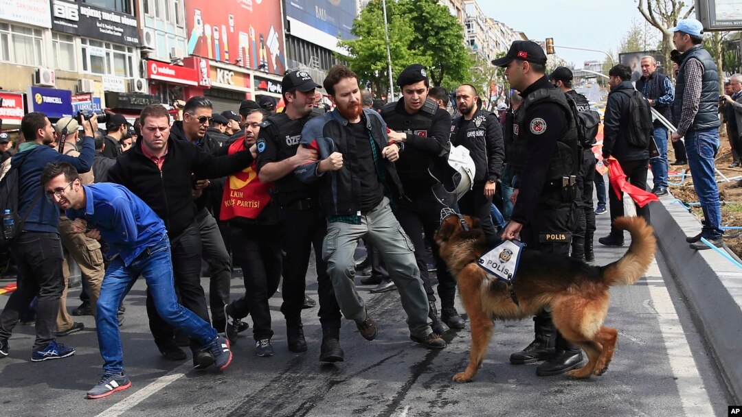Police arrest demonstrators as they march during May Day, in Istanbul, May 1, 2017.
