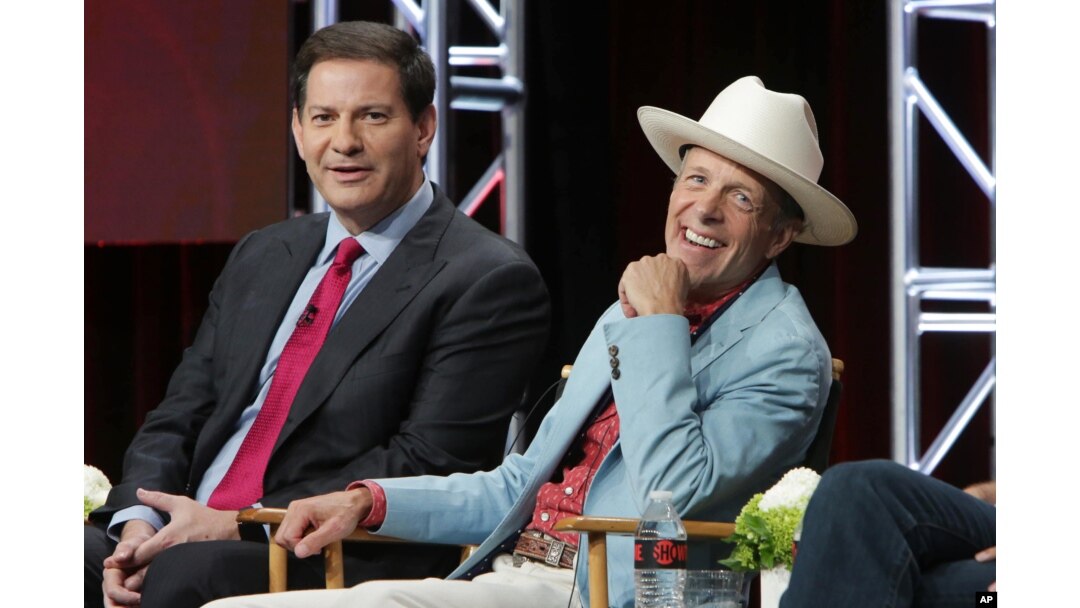 FILE - Mark Halperin and Mark McKinnon, executive producers and hosts of "The Circus," speak at the Showtime 2016 Summer TCA Press Tour at The Beverly Hilton Hotel in Los Angeles, Aug. 11, 2016.
