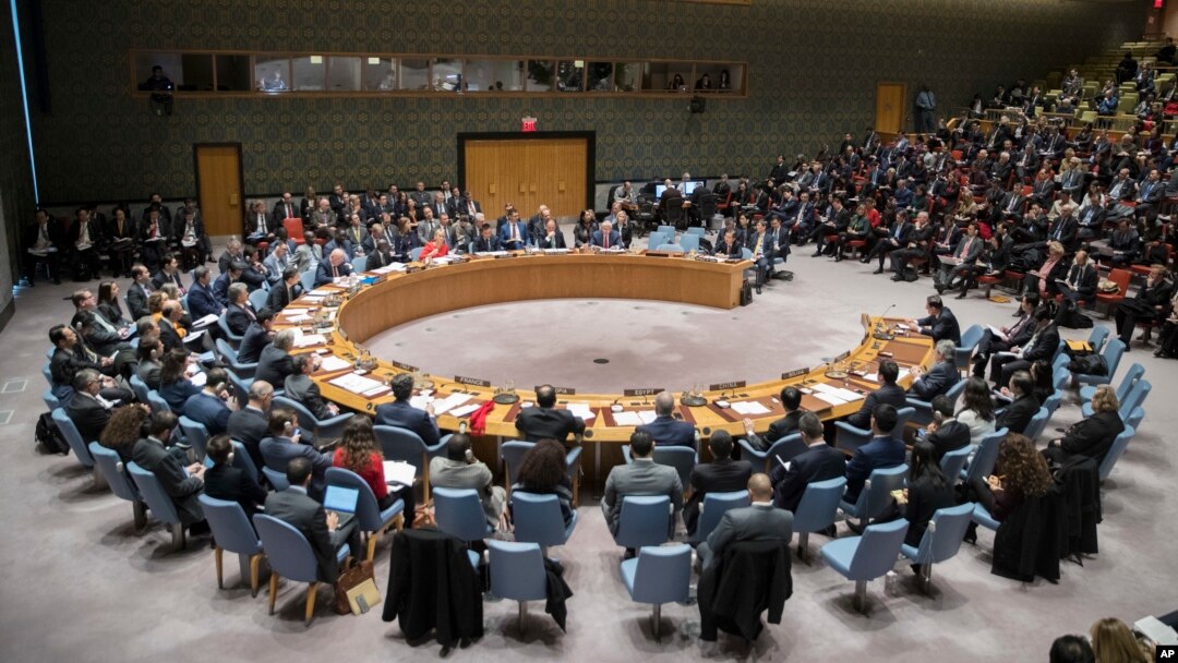FILE - Members of the U.N. Security Council discuss the situation in North Korea, at United Nations headquarters, in New York, Dec. 15, 2017.