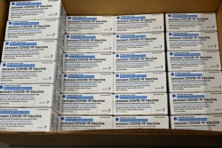 FILE - Boxes of the Johnson & Johnson COVID-19 vaccine are seen at the McKesson Corporation, in Shepherdsville, Kentucky, March 1, 2021.