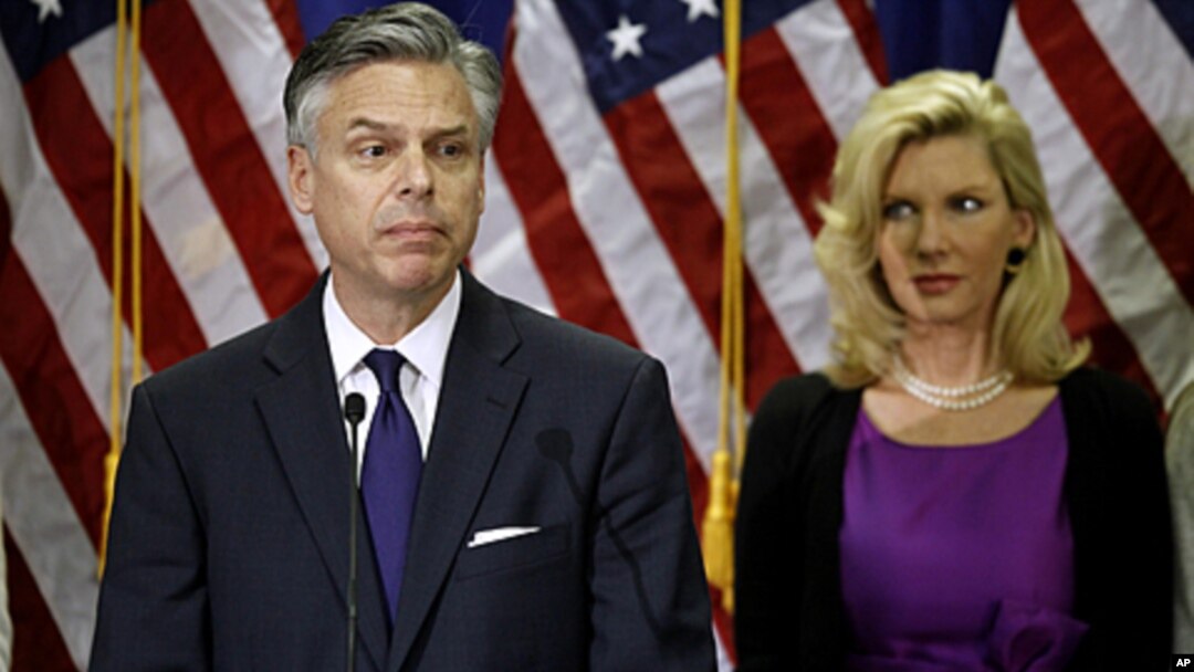 Republican presidential candidate, former Utah Gov. Jon Huntsman, accompanied by his wife Mary Kaye Huntsman, announces he is ending his campaign in Myrtle Beach, S.C., January 16, 2012.