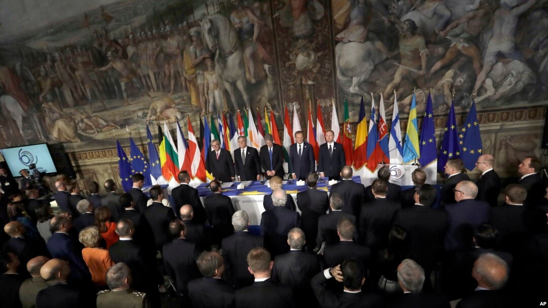 Leaders of the European Union wait for the start of a meeting in the Orazi and Curiazi Hall at the Palazzo dei Conservatori during an EU summit in Rome, March 25, 2017. European Union leaders were gathering in Rome to mark the 60th anniversary of their f