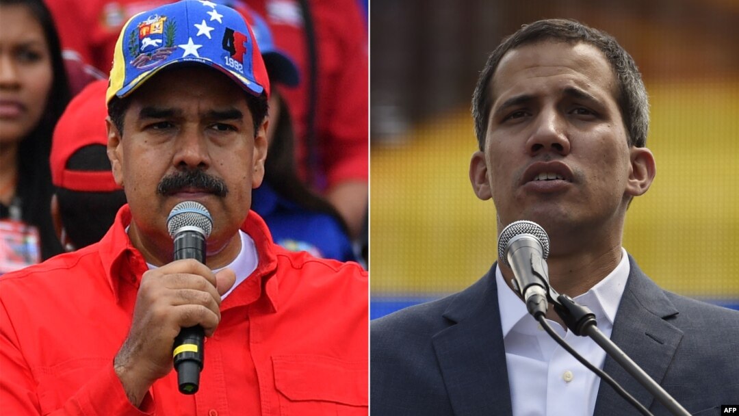 FILE - This combination of photos shows Venezuelan President Nicolas Maduro (L) delivering a speech in Caracas, Feb. 2, 2019, and opposition leader Juan Guaido addressing a gathering of supporters in Caracas, Feb. 2, 2019.