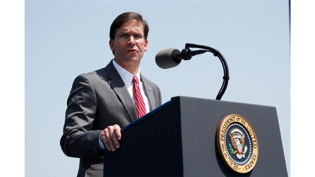 Secretary of Defense Mark Esper speaks during a full honors welcoming ceremony for him at the Pentagon, July 25, 2019.