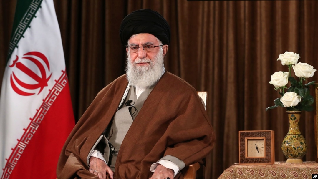 FILE - In this picture released by the official website of the office of the Iranian supreme leader, Supreme Leader Ayatollah Ali Khamenei sits prior to addressing the nation on state television in Tehran, Iran, March 22, 2020. 