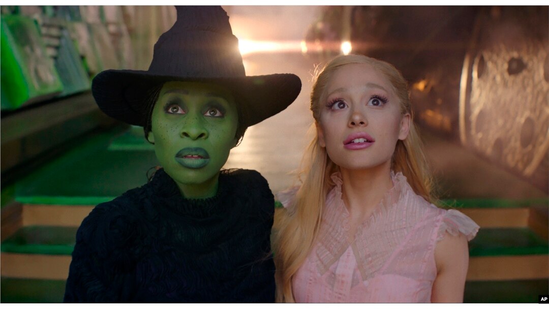 FILE - Cynthia Erivo and Ariana Grande appear in a scene from the film "Wicked," which was nominated for 10 Academy Awards, it was announced on Jan. 23, 2025. (Universal Pictures via AP)