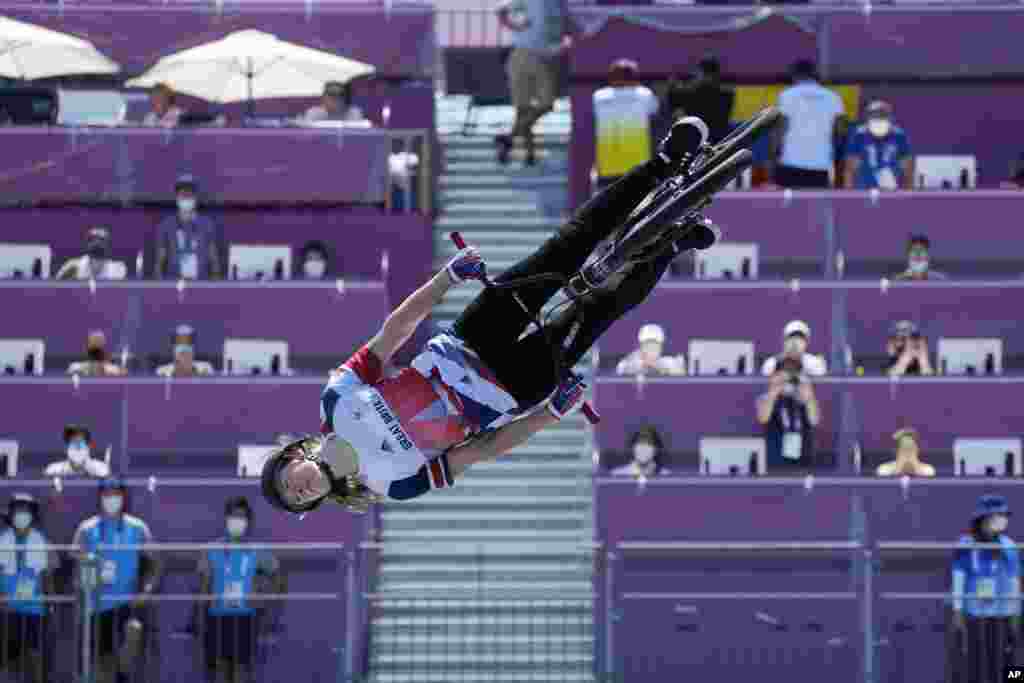 Charlotte Worthington of Britain competes in the women's BMX freestyle final at the 2020 Summer Olympics in Tokyo, Japan.