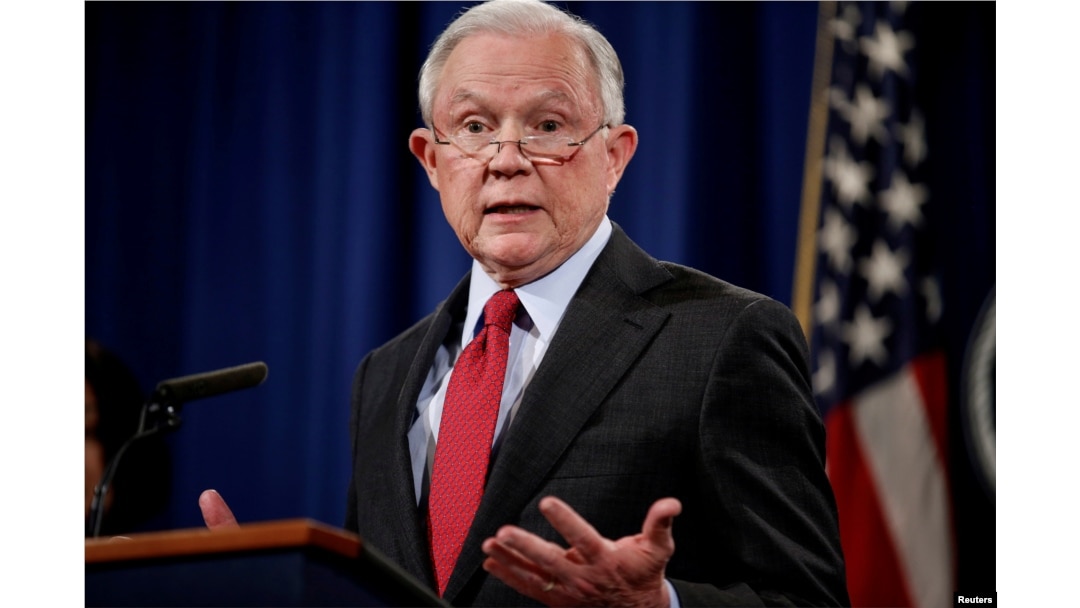 FILE - U.S. Attorney General Jeff Sessions speaks during a news conference at the Department of Justice in Washington, Dec. 15, 2017.