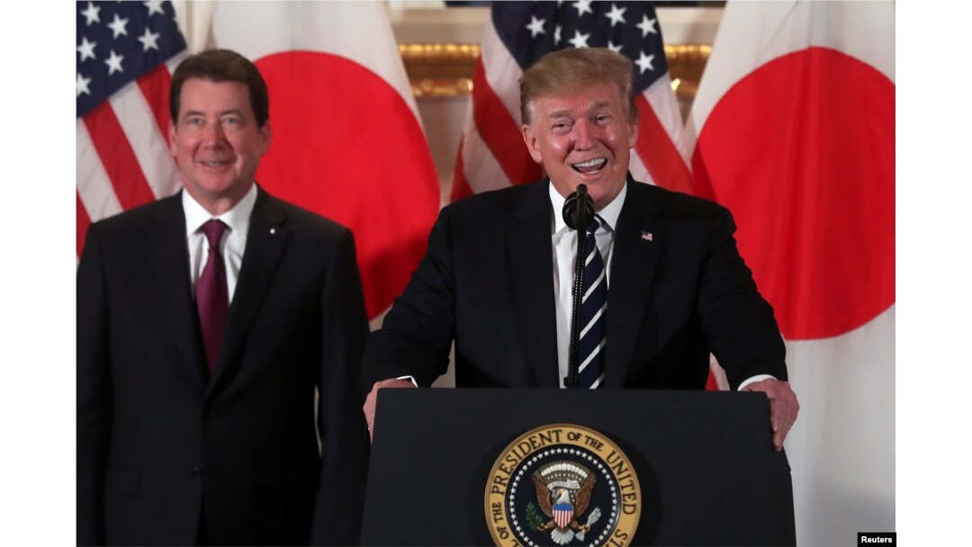 U.S. President Donald Trump attends a Japanese business leaders event with U.S. Ambassador to Japan William Hagerty in Tokyo, May 25, 2019.