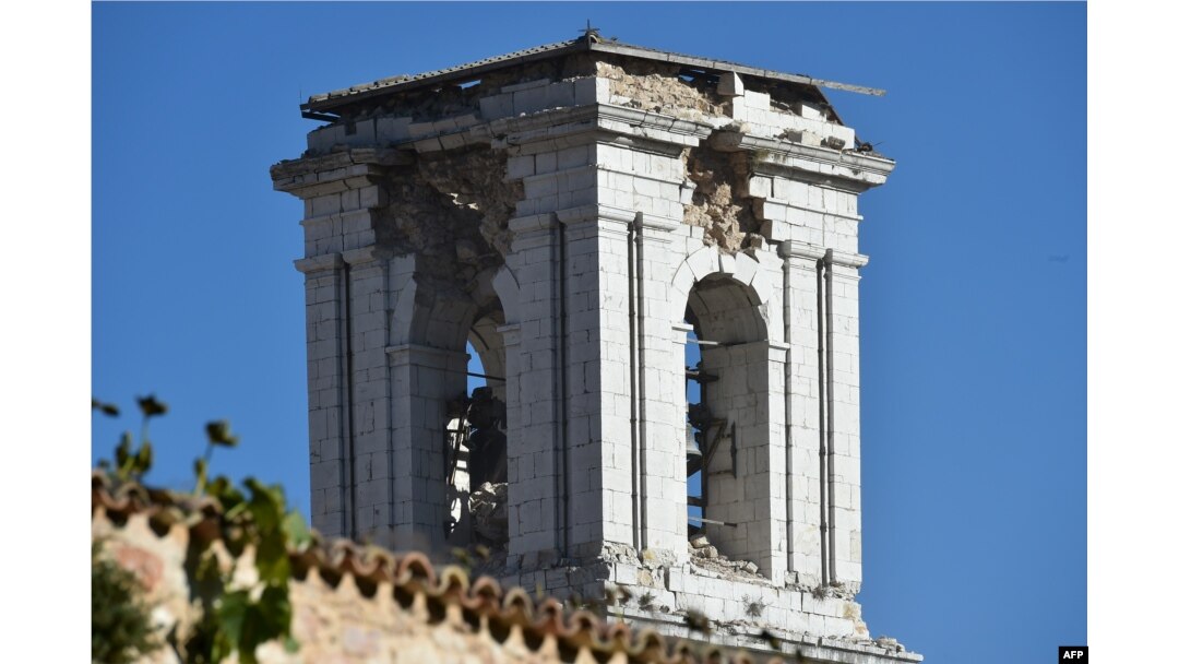 A picture shows a damaged campanile after a 6.6 magnitude earthquake in Norcia, Italy, Oct. 30, 2016.