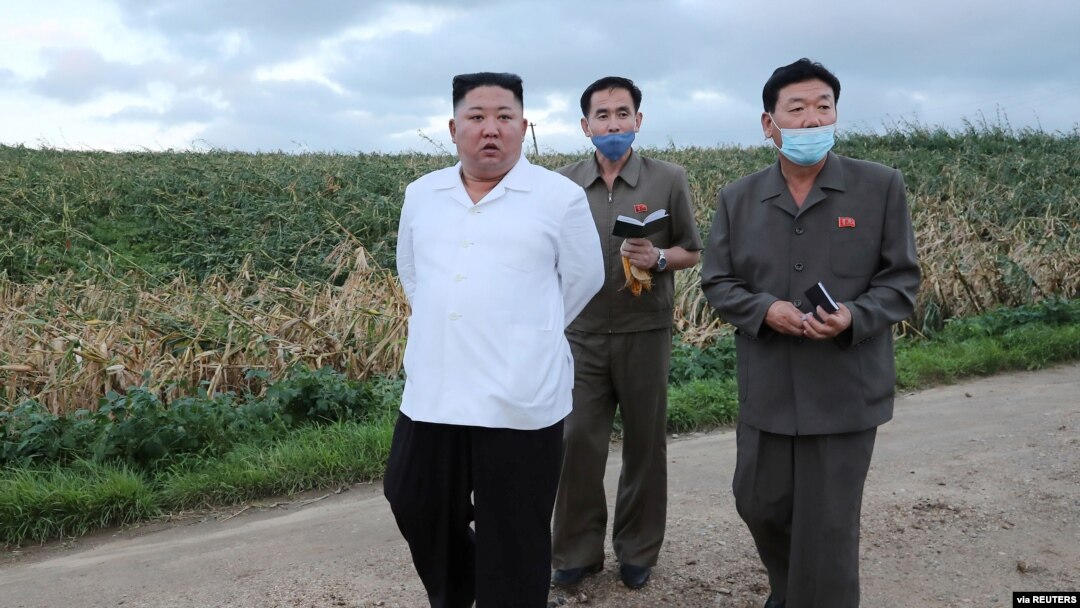 North Korean leader Kim Jong Un inspects the typhoon-damaged area in South Hwanghae Province, North Korea, in this image released by North Korea's Korean Central News Agency (KCNA) on Aug. 27, 2020. 