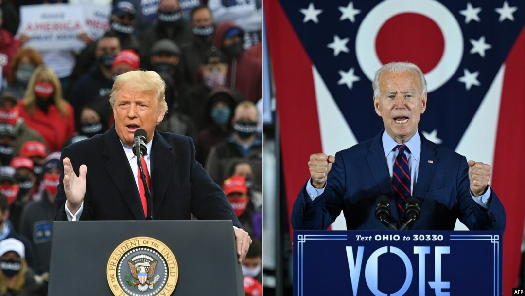 This combination of pictures created on October 30, 2020 shows US President Donald Trump speaks during a campaign rally at Manchester-Boston Regional Airport in Londonderry, New Hampshire on October 25, 2020.